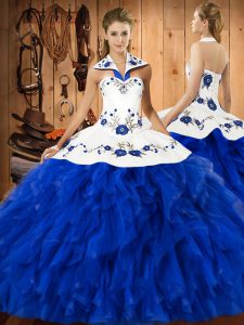  Floor Length Blue And White Vestidos de Quinceanera Satin and Organza Sleeveless Embroidery and Ruffles