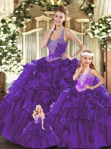 Sophisticated Straps Sleeveless Lace Up Ball Gown Prom Dress Purple Organza