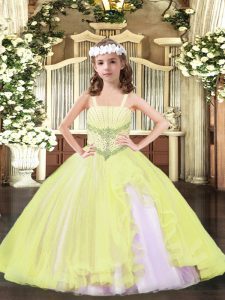 Classical Light Yellow Ball Gowns Straps Sleeveless Tulle Floor Length Lace Up Beading Juniors Party Dress