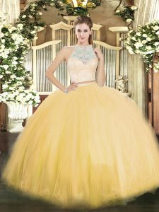 Flare Scoop Sleeveless 15th Birthday Dress Floor Length Lace Gold Tulle
