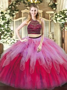 Custom Made Multi-color Two Pieces Beading and Ruffles Vestidos de Quinceanera Lace Up Tulle Sleeveless Floor Length