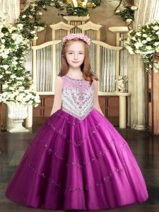  Sleeveless Zipper Floor Length Beading and Appliques Pageant Gowns For Girls