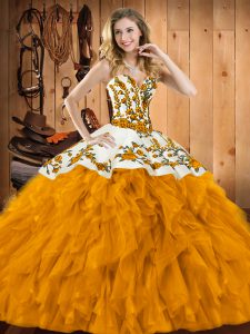 Pretty Embroidery and Ruffles Quinceanera Dress Gold Lace Up Sleeveless Floor Length