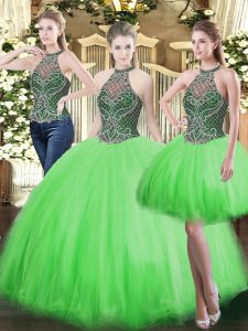Low Price High-neck Sleeveless Tulle Quince Ball Gowns Beading Lace Up