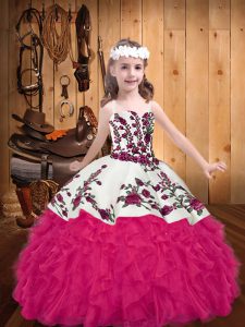 Trendy Hot Pink Ball Gowns Embroidery and Ruffles Little Girls Pageant Dress Lace Up Organza Sleeveless Floor Length