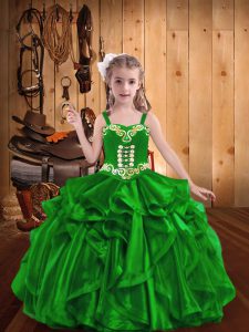  Organza Sleeveless Floor Length Party Dress for Toddlers and Embroidery and Ruffles