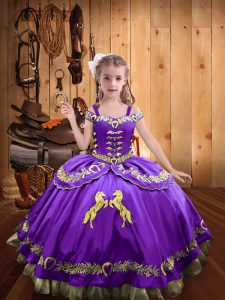 Sweet Floor Length Lavender Little Girl Pageant Dress Satin Sleeveless Beading and Embroidery