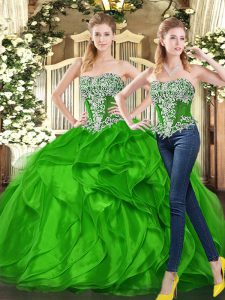 Glorious Green Organza Lace Up Sweetheart Sleeveless Floor Length Sweet 16 Quinceanera Dress Beading and Ruffles