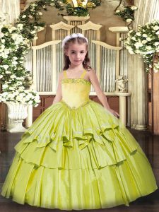 Sleeveless Organza Floor Length Lace Up Little Girls Pageant Dress Wholesale in Olive Green with Appliques and Ruffled Layers