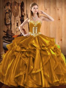 Custom Made Sleeveless Organza Floor Length Lace Up Sweet 16 Dresses in Gold with Embroidery and Ruffles