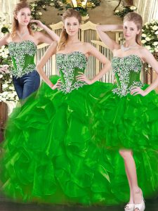  Green Sleeveless Floor Length Beading and Ruffles Lace Up Sweet 16 Quinceanera Dress