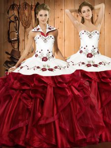 Wonderful Halter Top Sleeveless Organza 15th Birthday Dress Embroidery and Ruffles Lace Up