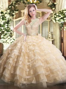  Champagne Scoop Neckline Lace and Ruffled Layers Sweet 16 Quinceanera Dress Sleeveless Backless
