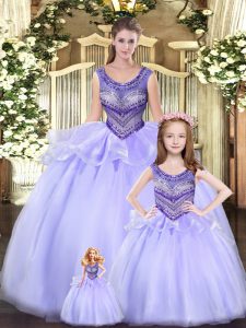 Eye-catching Lavender Sleeveless Tulle Lace Up Vestidos de Quinceanera for Military Ball and Sweet 16 and Quinceanera