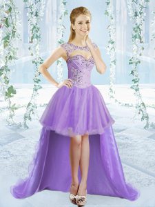 Modest Beading Prom Party Dress Lavender Lace Up Sleeveless High Low