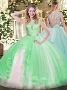  Sleeveless Floor Length Lace and Ruffles Backless Quinceanera Gown with Apple Green