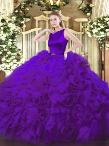  Sleeveless Fabric With Rolling Flowers Floor Length Clasp Handle 15th Birthday Dress in Purple with Belt