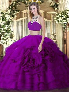  Sleeveless Tulle Floor Length Backless Quinceanera Dresses in Fuchsia with Beading and Ruffled Layers