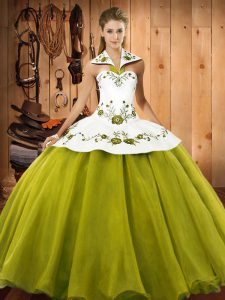 Sexy Halter Top Sleeveless Quinceanera Dresses Floor Length Embroidery Olive Green Satin and Tulle