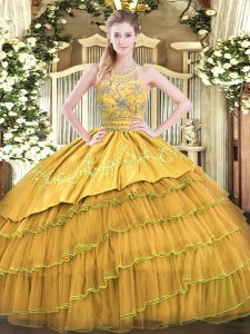 Pretty Gold Sleeveless Floor Length Beading and Embroidery and Ruffled Layers Zipper Quinceanera Dresses