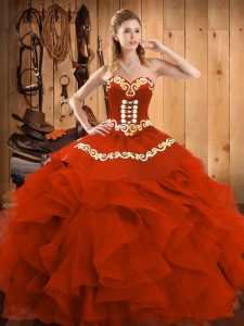  Ball Gowns Quinceanera Gown Rust Red Sweetheart Satin and Organza Sleeveless Floor Length Lace Up