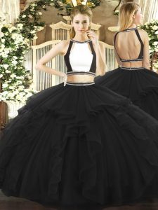 Luxury Floor Length Black Quinceanera Dress Halter Top Sleeveless Backless