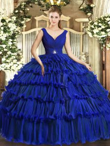 Noble Royal Blue Ball Gowns Beading and Ruffled Layers Quinceanera Gown Backless Organza Sleeveless Floor Length