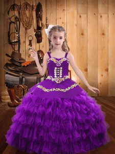  Floor Length Purple Pageant Gowns For Girls Organza Sleeveless Beading and Embroidery and Ruffled Layers
