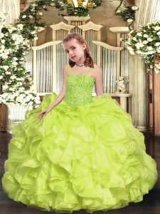 Super Sleeveless Organza Floor Length Lace Up Little Girls Pageant Dress Wholesale in Yellow Green with Beading and Ruffles
