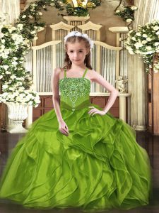  Olive Green Organza Lace Up Little Girls Pageant Dress Sleeveless Floor Length Beading and Ruffles
