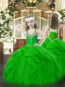  Floor Length Green Little Girls Pageant Dress Wholesale Organza Sleeveless Beading and Ruffles