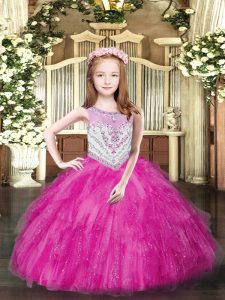 Exquisite Sleeveless Tulle Floor Length Zipper Child Pageant Dress in Fuchsia with Beading and Ruffles