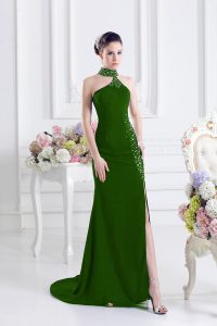 Green Column/Sheath Halter Top Sleeveless Elastic Woven Satin Sweep Train Lace Up Beading Dress for Prom