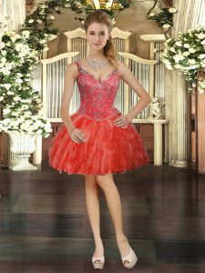 Perfect Mini Length Red Dress for Prom Tulle Sleeveless Beading and Ruffles