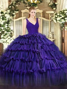 Custom Design Purple Sleeveless Organza Backless Quince Ball Gowns for Military Ball and Sweet 16 and Quinceanera