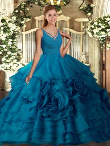 Glittering Teal Ball Gowns Organza V-neck Sleeveless Ruffled Layers Floor Length Side Zipper Quinceanera Gowns