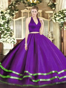  Purple Tulle Zipper Quinceanera Gowns Sleeveless Floor Length Ruffled Layers