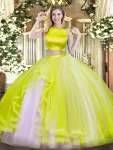 Noble Floor Length Yellow Green Quinceanera Dress Tulle Sleeveless Ruffles