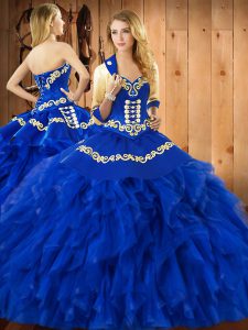 Sumptuous Sleeveless Satin and Organza Floor Length Lace Up Sweet 16 Dresses in Blue with Embroidery and Ruffles