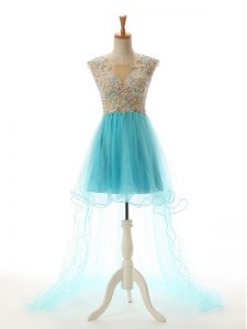  Aqua Blue Backless Prom Gown Appliques Sleeveless High Low