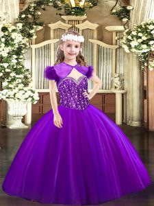Custom Designed Straps Sleeveless Little Girl Pageant Dress Floor Length Beading Purple Tulle
