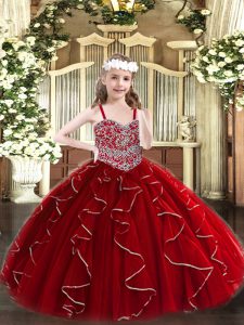  Organza Straps Sleeveless Lace Up Beading and Ruffles Little Girl Pageant Gowns in Wine Red