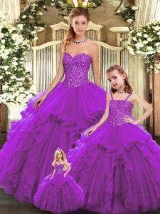 Pretty Sweetheart Sleeveless Quince Ball Gowns Floor Length Beading and Ruffles Eggplant Purple Organza
