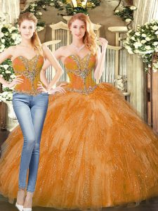 Traditional Floor Length Orange Red 15 Quinceanera Dress Organza Sleeveless Beading and Ruffles