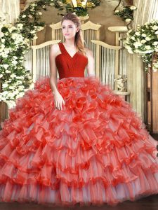  Sleeveless Floor Length Ruffled Layers Zipper Sweet 16 Quinceanera Dress with Coral Red