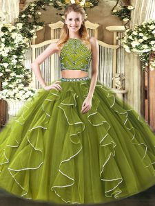 Inexpensive Tulle High-neck Sleeveless Zipper Beading and Ruffles 15th Birthday Dress in Olive Green