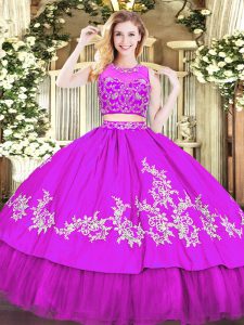 Sleeveless Tulle Floor Length Zipper Sweet 16 Dresses in Purple with Beading and Appliques