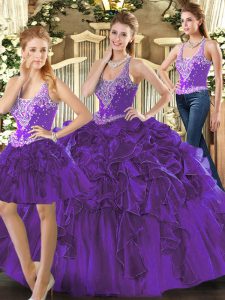  Purple Lace Up Straps Beading and Ruffles Quinceanera Gowns Tulle Sleeveless