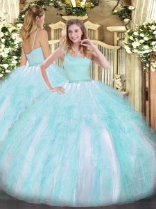 Sophisticated Aqua Blue Ball Gowns Tulle Straps Sleeveless Beading and Ruffles Floor Length Zipper Quinceanera Dress