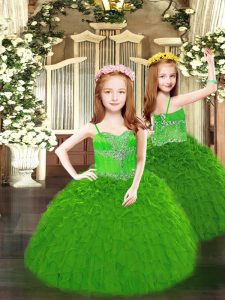  Sleeveless Floor Length Beading and Ruffles Lace Up Little Girls Pageant Gowns with Green